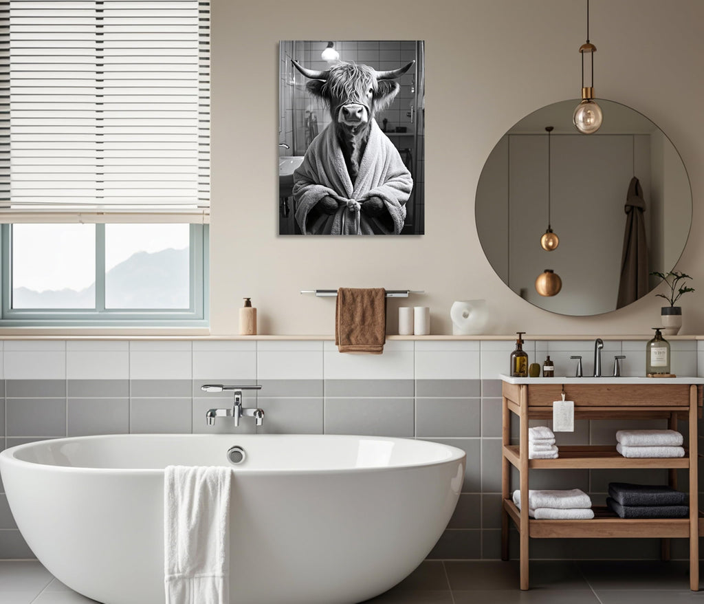 Highland Cow Bathroom Canvas Wall Art Funny Animals Bathroom Pictures Black and White Highland Cow Bathroom Prints