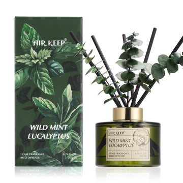 Reed Diffuser Set with 6.76 fl oz Wild Mint & Eucalyptus Scent Essential Oils and 3 Leaves & 8 Diffuser
