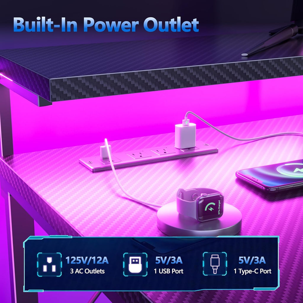 48" Gaming Desk with Power Outlet, LED, Drawers, Carbon Fiber Black | Reversible,Computer Desk, Gamer Table, with