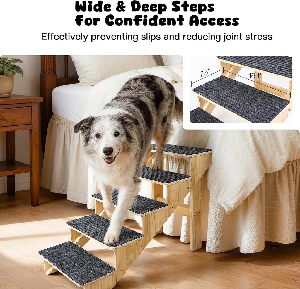 5-Step Dog Stairs for Large Dogs, Solid Wooden Dog Steps for Beds/Couch with Carpet, 24 Inches Anti-Slip Pet Stairs