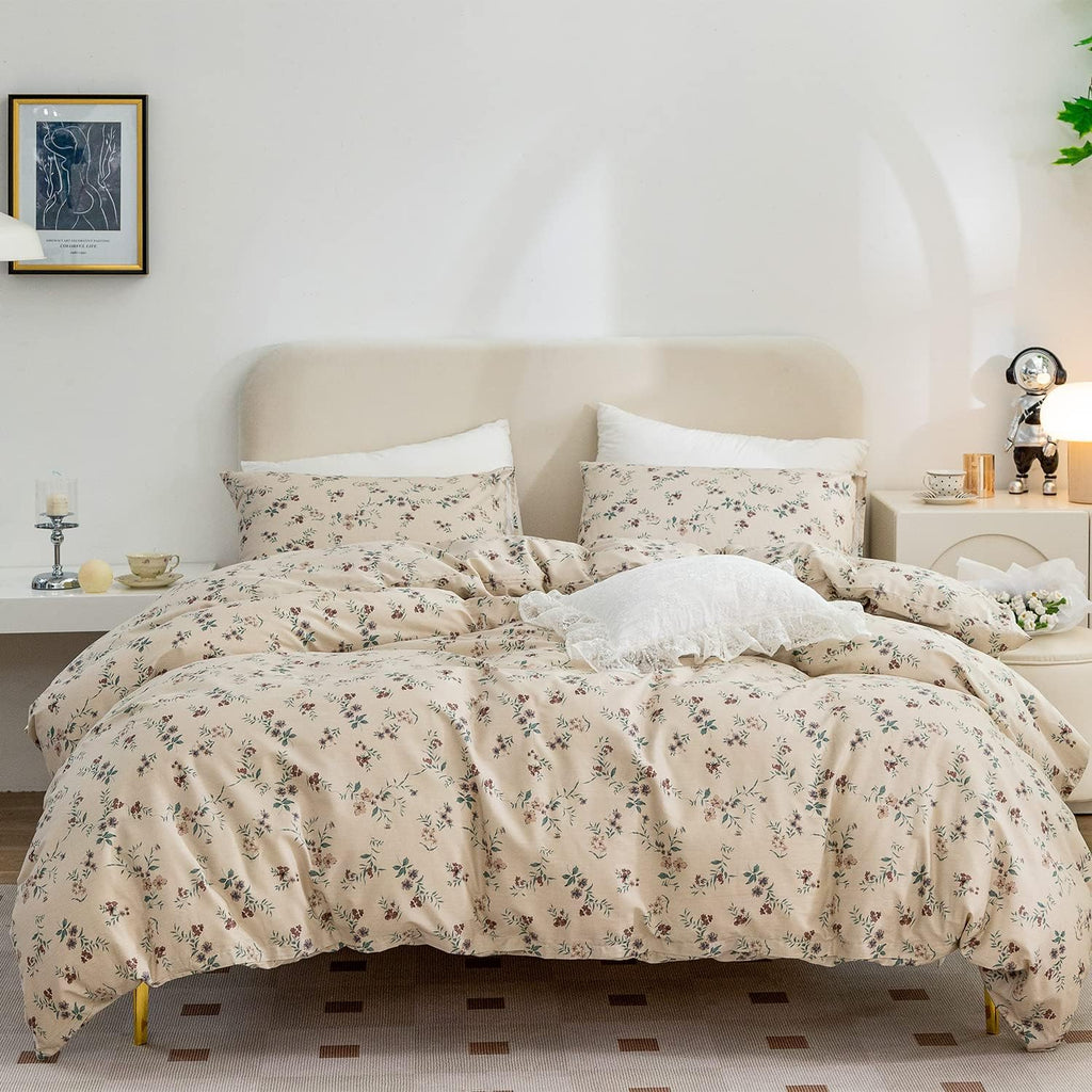 Duvet Cover Queen Floral, Brushed Microfiber 3 Pieces Bedding Set, Garden Style Vintage Floral Queen Duvet Cover