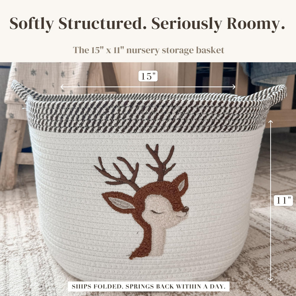 Deer Baby Storage Basket, Woven Cotton Rope Nursery Bin, 15x11 in