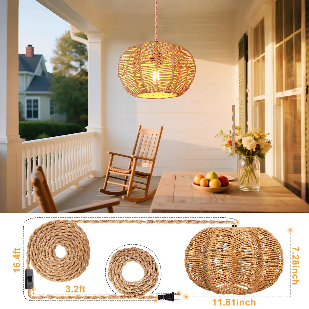 Hanging Light Fixture with Plug in Cord with on Off Switch, Rattan Pendant Lights Boho Lamp Ceiling Light, Plug in