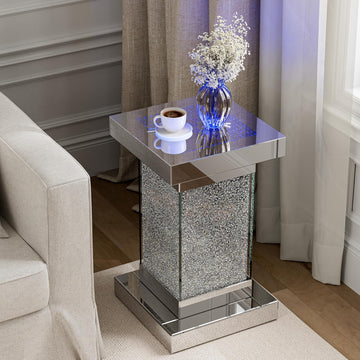 Mirrored End Table Nightstand with LED Light, Modern LED Side Table with Crystal Diamond Inlay, Remote Control, 8
