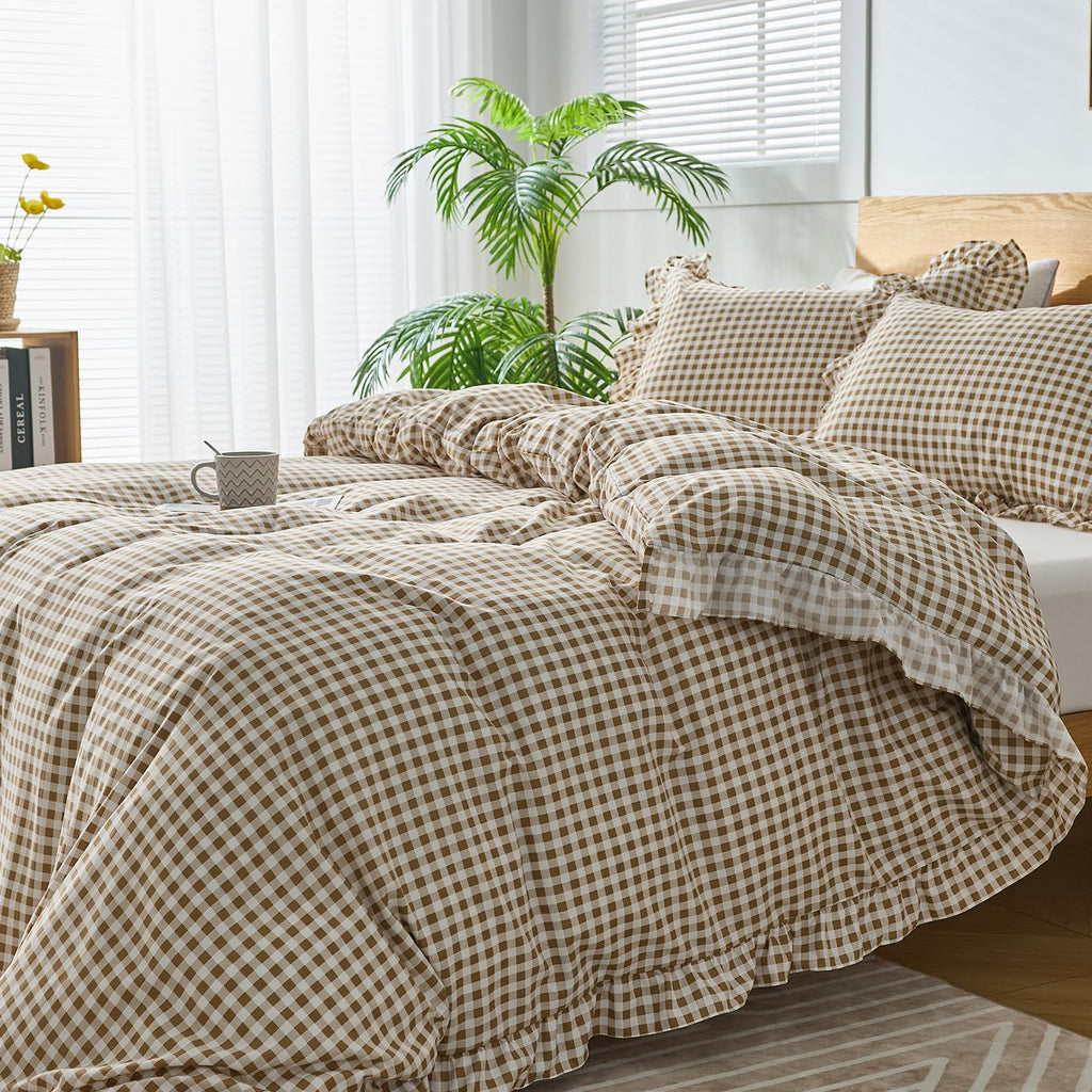Gingham Duvet Cover, 3 Pieces Soft Breathable Microfiber Plaid Duvet Cover with Zipper Closure & 2 Pillow
