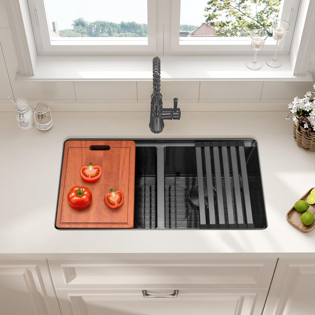 Black Undermount Kitchen Sink, 31 Inch Double Kitchen Sink Stainless Steel 16 Gauge, 10" Depth Workstation Kitchen
