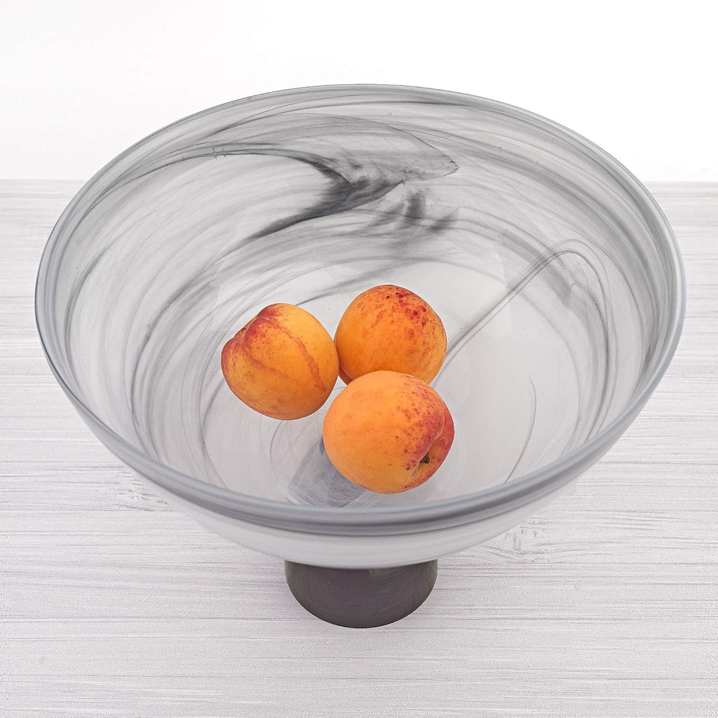 Milky Way Glass Centerpiece Bowl - 10" Handcrafted European Mouth-Blown Black and White Alabaster Glass Pedestal