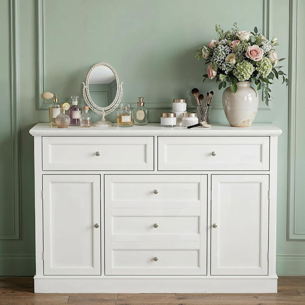46" Baby Dresser with Changing Table Top, White Dresser with Storage Drawers and Doors, Multifunctional Nursery Baby
