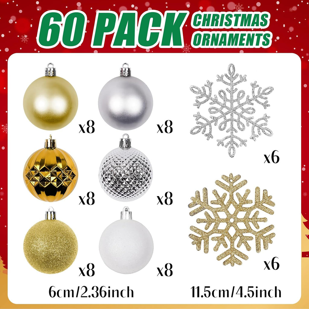 Tree Decorations Ornament Set, 60ct 2.36 Inches White Sliver and Gold Shatterproof Christmas Ball Ornaments, Hanging