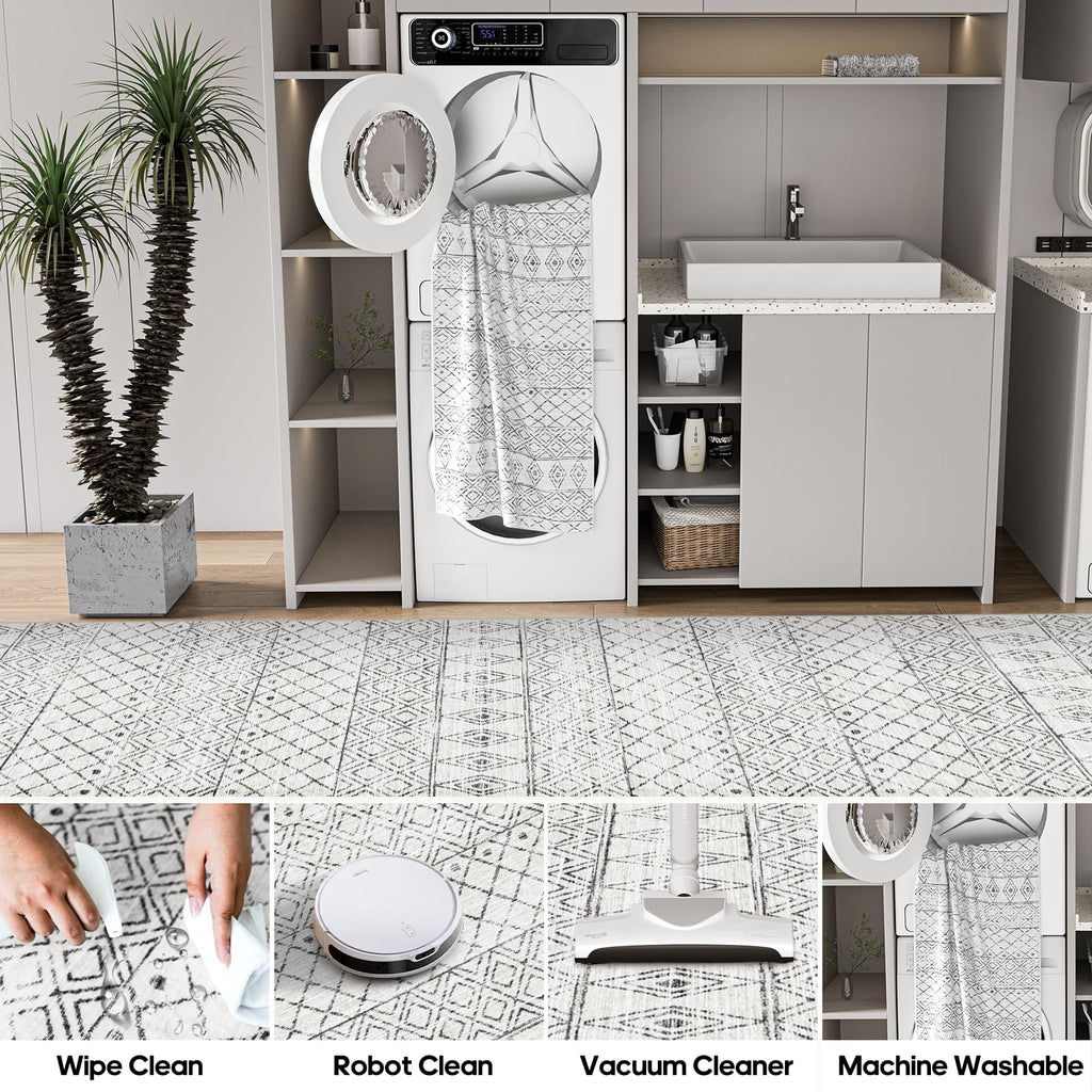 2'6"x14' Runner Rug Moroccan Washable: Hallway Non Slip Bedroom Rug Grey