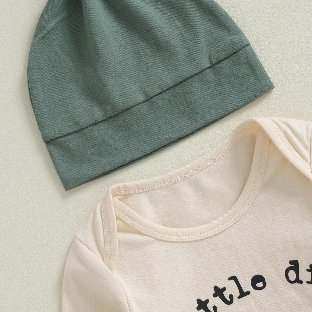 Newborn Baby Boy Clothes Long Sleeve Letter Tractor Print Romper and Pants with Hat Coming Home Outfit 3Pcs