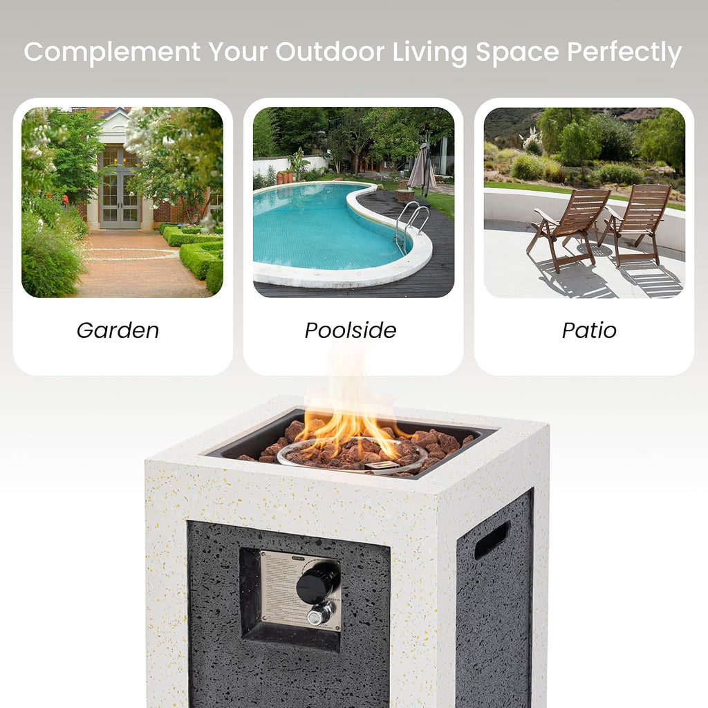 19inch Column Propane Fire Pit - Space-Saving Black & White Portable Heater with Auto-Ignition,Ideal for