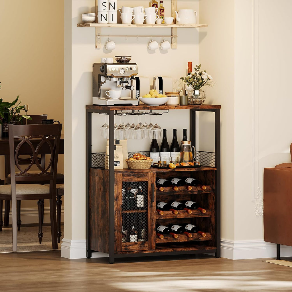 Wine Bar Cabinet with LED Lights, Liquor Cabinet with Storage | 3-Tier Coffee Bar Cabinet with Wine Rack, Glass
