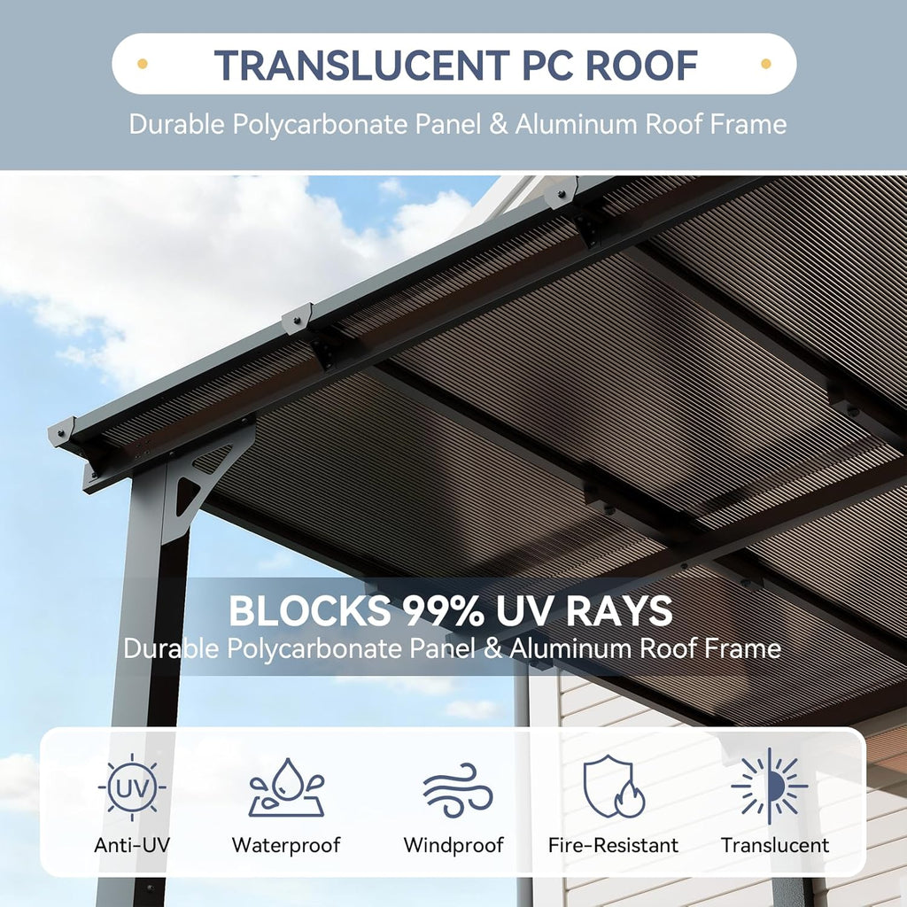 8x10FT Lean to Gazebo, Hardtop Metal Pergola with Polycarbonate Roof, Large Wall Mounted Heavy Duty Awnings