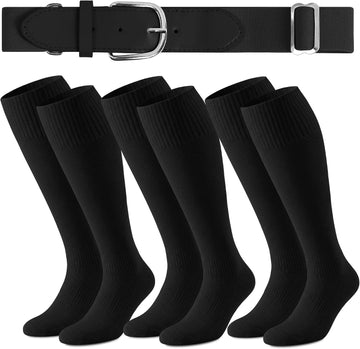 3 Pairs Youth Baseball Socks and Belt Combo Adjustable Softball Football Socks and Baseball Belts for Boys Girls