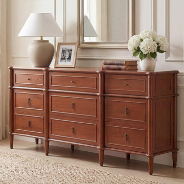63" 9-Drawer with Power Outlet, Architectural Wood Storage Chest with Framed Drawers, Vintage Metal Pulls and Solid