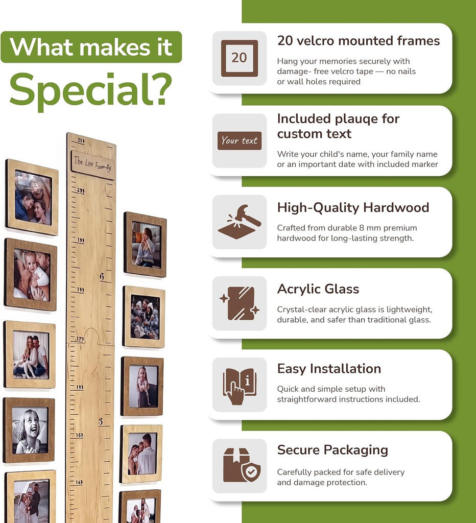 Wooden Growth Chart Ruler with 20 Picture Frames 4x4 - Kids Height Measurement Wall Decor Room - Dual Inch & cm