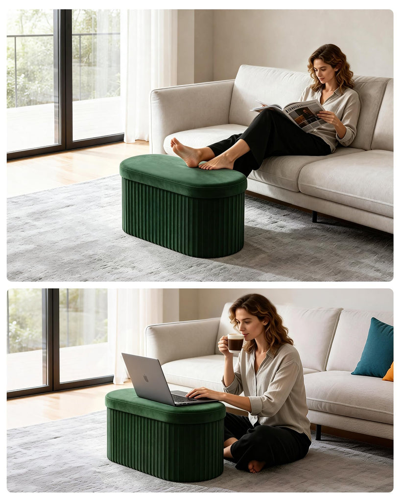 Folding Ottoman with Storage, Oval Velvet Storage Bench, Green