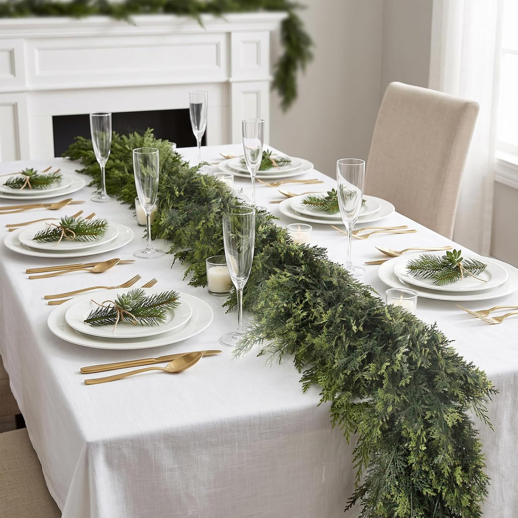 9FT Artificial Cedar Garlands, Real Touch Soft Cedar Pine Garland, Winter Artificial Greenery Garland for Fireplace