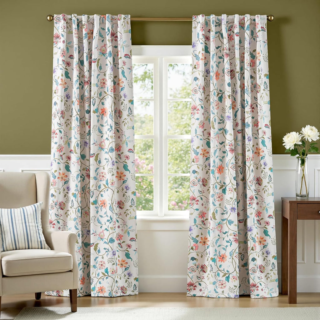Beige Floral Blackout Curtains 84 Inch Length - Room Darkening Vintage Curtains Cream Botanical Drapes , Elegant