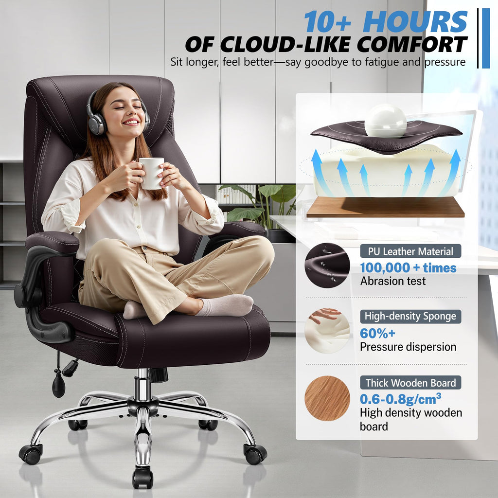 Executive Office Chair with Lumbar Support, Big and Tall Ergonomic Computer Desk Chair, Leather Comfy High Back
