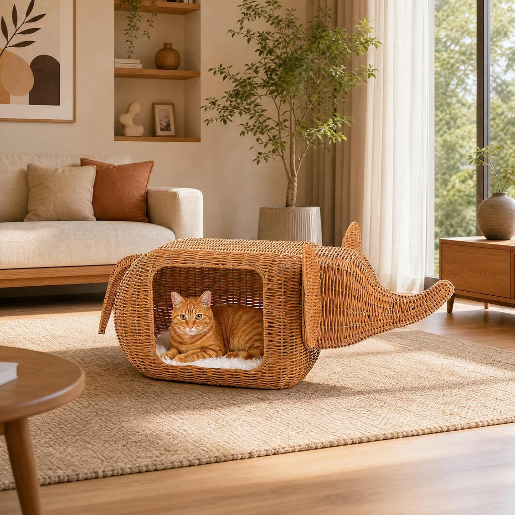 Elephant Shaped Rattan Cat Bed, Breathable Hand-Woven Wicker Cat Cave
