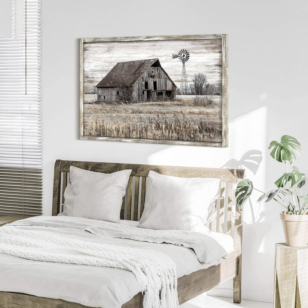 Large Vintage Farmhouse Windmill Framed Wood Wall Art 45"x30"