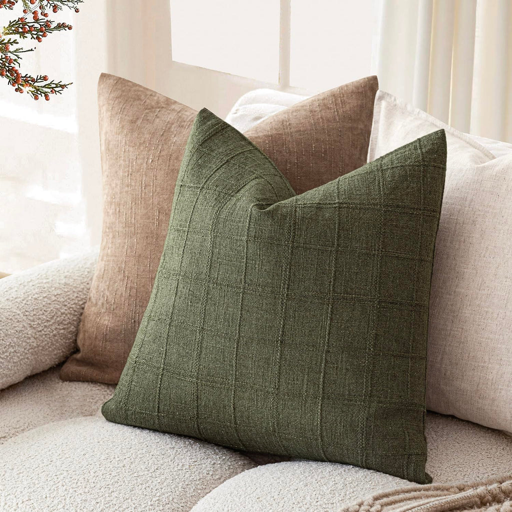 Boho Linen Check Decorative Throw Pillow Cover 20×20 Olive Green