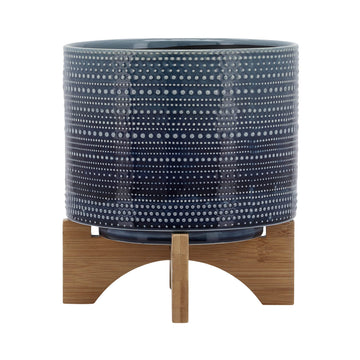 Dotted Decorative Planter Pot with Wood Stand - Ceramic Stoneware Outdoor & Indoor Plant Pot with Drainage Holes