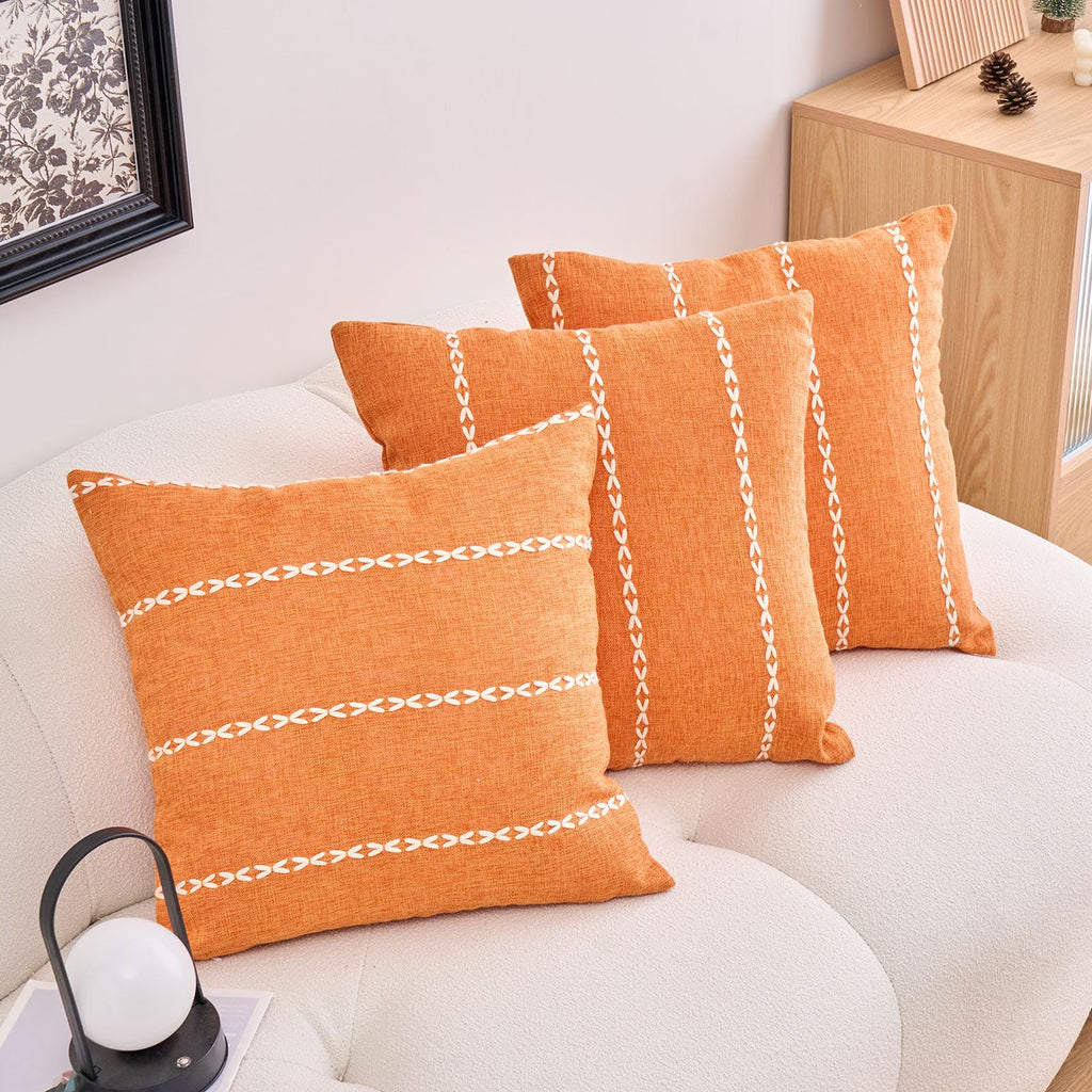 Orange Fall Striped Cotton Linen Decorative Throw Pillow Cover Embroidery Square Cushion Cover Pillowcase for Sofa