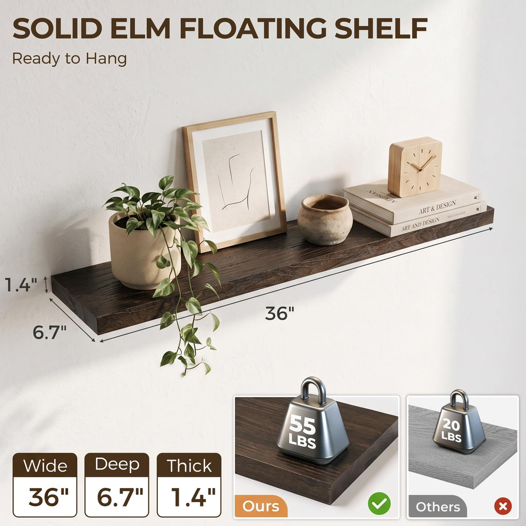 Elm Floating Shelves for Wall - 36 in Rustic Solid Wood Shelves with Heavy-Duty Invisible Bracket, Wall-Mounted