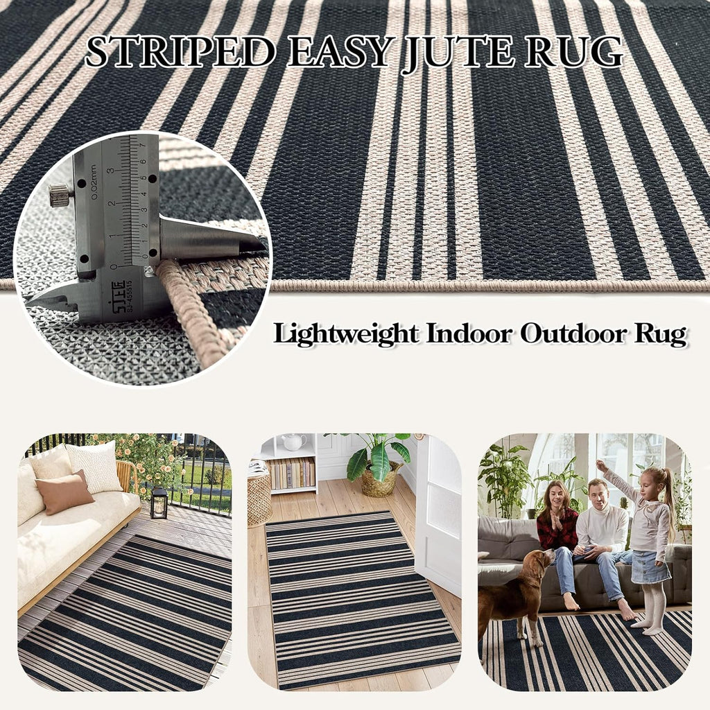 Elance Striped Easy Jute Outdoor Patio Rug, Washable 5x7 Area Rugs for Living Room Office Indoor Out
