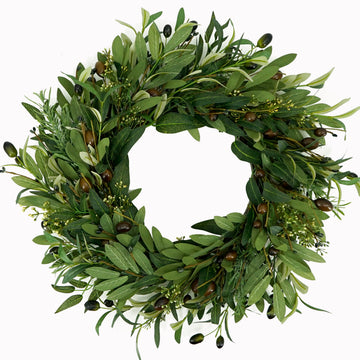 Artificial Green Olive Wreath for Front Door Greenery Wreath with Olive Leaves, Bean for Spring Summer Fall All