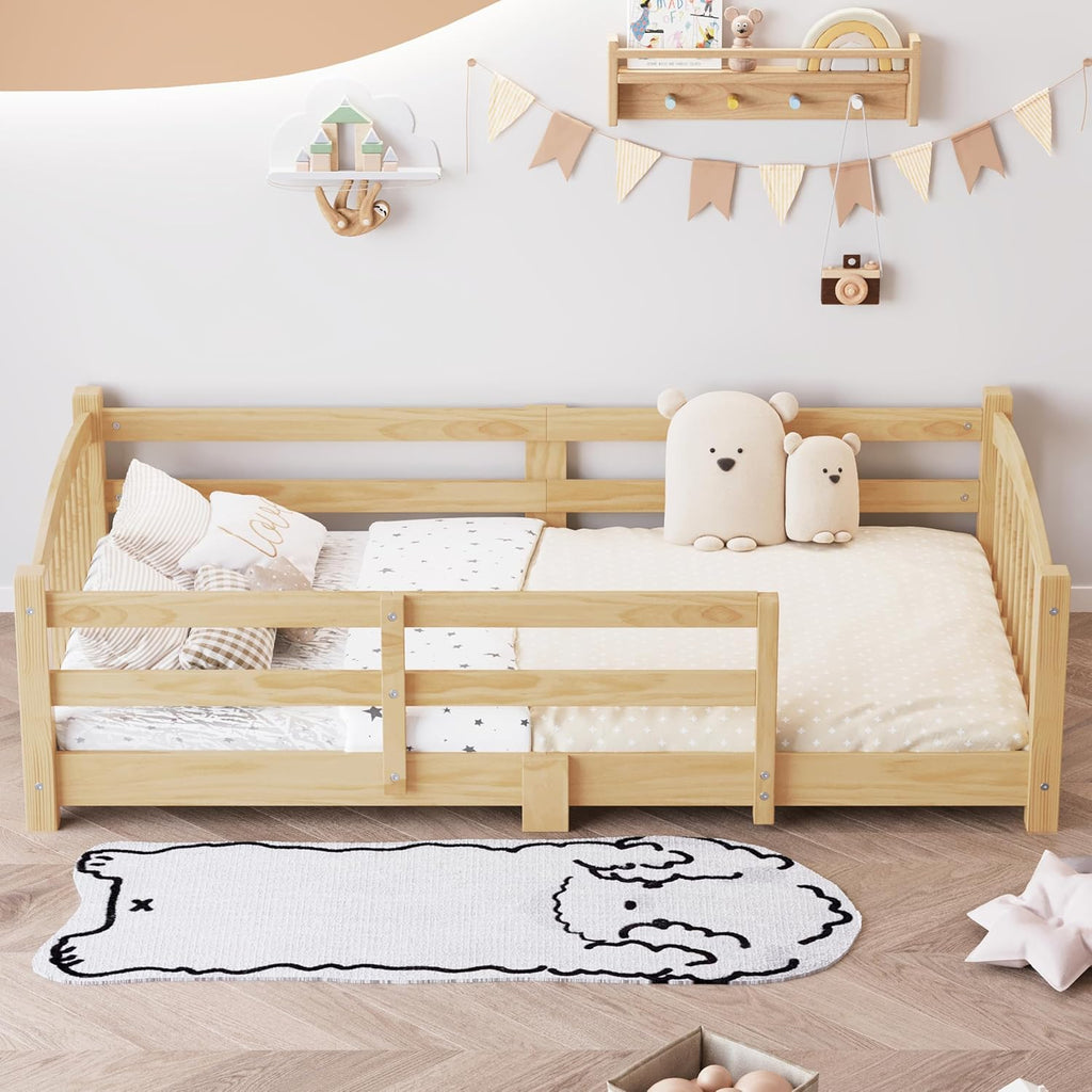 Montessori Floor Bed with Safety Guardrails - Solid Wood Bed Frame with Slats & Fence and Without Door, No Box
