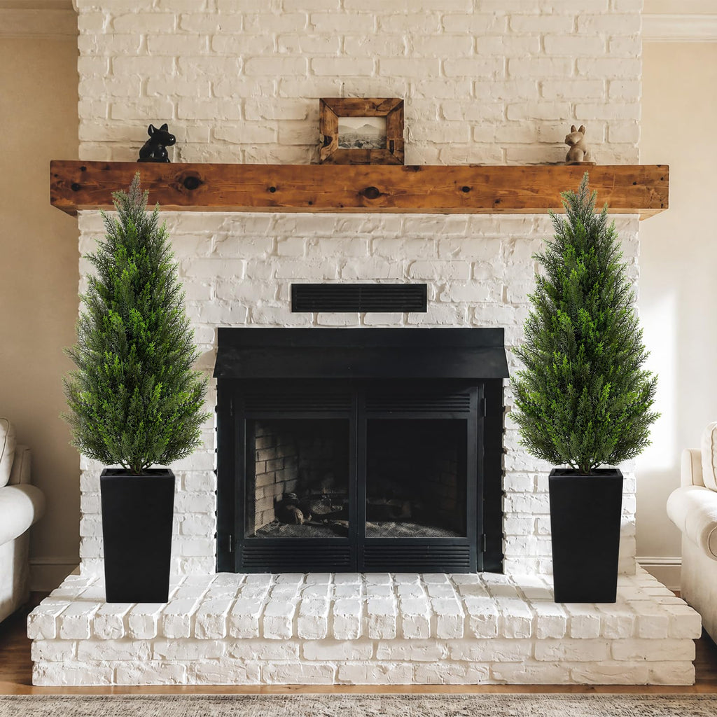 5FT Artificial Cedar Topiary Trees 2 Pack, Realistic Faux Cypress Trees with Square Black Planter Pot, UV Resistant