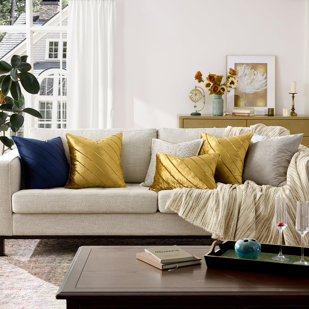Decorative Gold Velvet Stripe Throw Pillow Covers 20x20 Set of 2