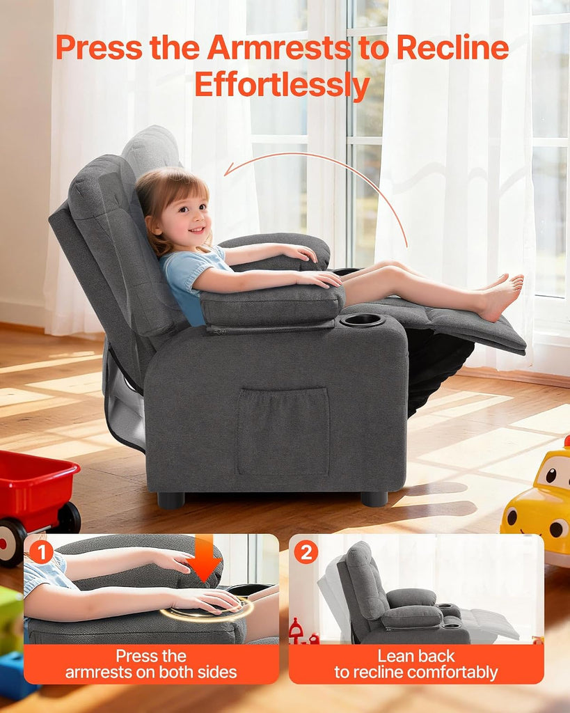 Kids Recliner Chair, Toddler Lounger with Cup Holders & Pockets, 107° to 126° Adjustable Back, Breathable Polyester