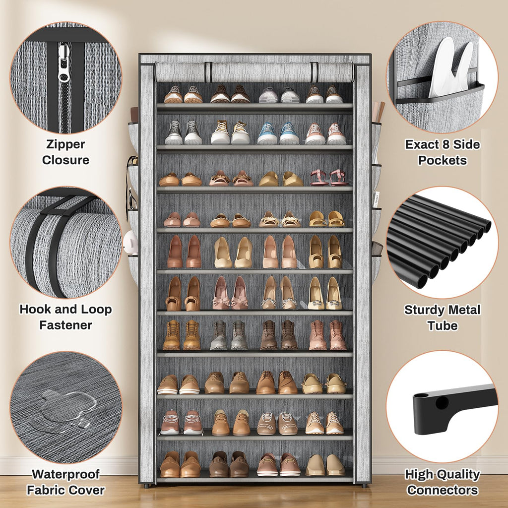 Tall Shoe Rack with Cover, 10 Tier Shoe Organizer Storage for 50-55 Pairs Shoes and Boots Large Capacity Shoe Shelf