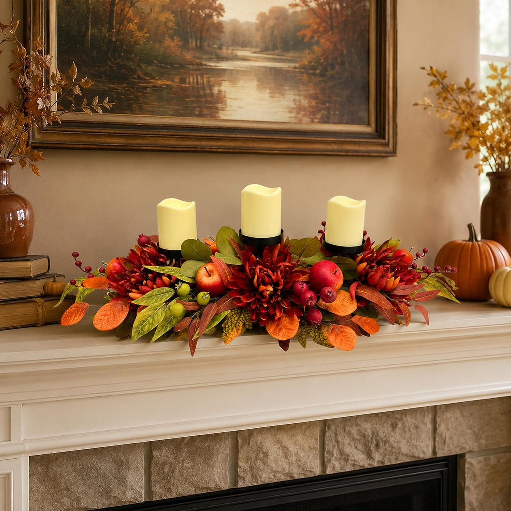 Inch Fall 3 Candle Holder with Faux Apples, Mums and Berries - Set of 3