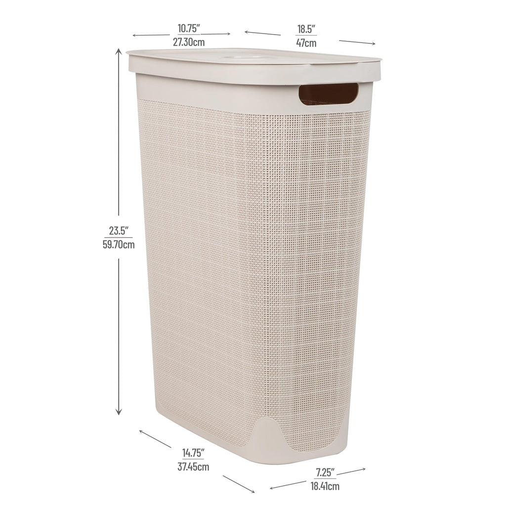 Slim Laundry Hamper with Lid, 40L Clothes Basket, Linen Design, Plastic, Ivory