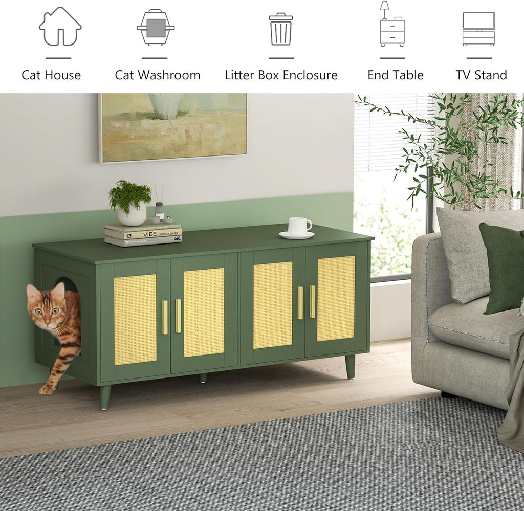 Boho Cat Litter Box Enclosure for 2 Cats, Green and Natural