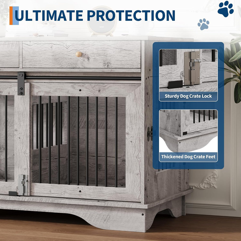 47" Dog Crate Furniture for 2 Dogs, Double Dog Kennel with Removable Divider & 2 Drawers, Decorative TV Stand Side