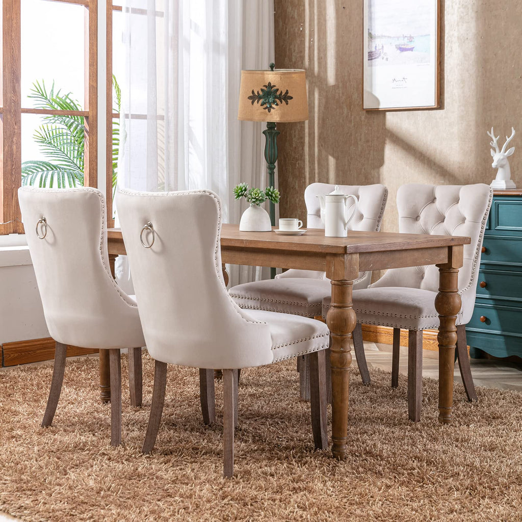 Beige Velvet Dining Chairs Set of 6, Tufted Kitchen & Dining Room Chairs