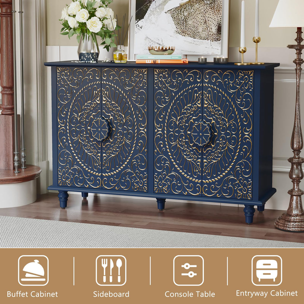 Sideboard Buffet Cabinet with Storage, 48" Decorative Accent Cabinet with Carved Flower Pattern, Modern Blue Credenza