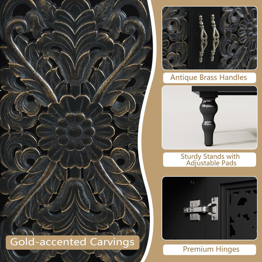 67" Retro TV Stand with Hollow Carved Doors, Black