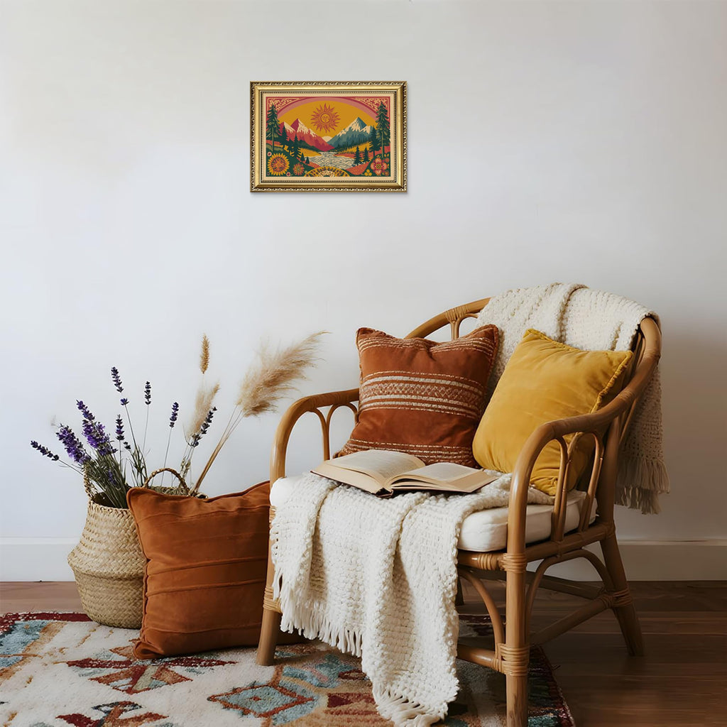 Gold Framed Boho Canvas Wall Art, Abstract Mountain Sun Print, 16x24in