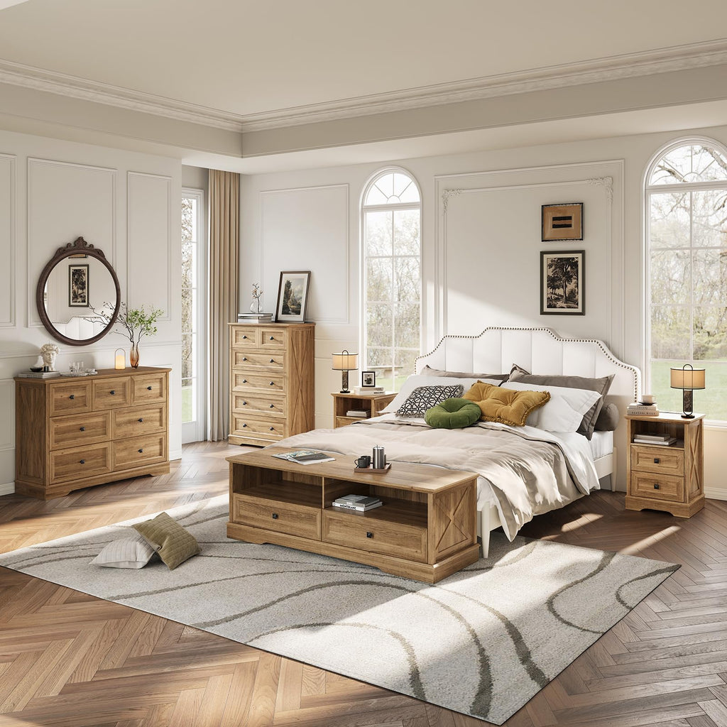 Farmhouse 6 Drawers Dresser Chests, Natural Oak Wood Dressers