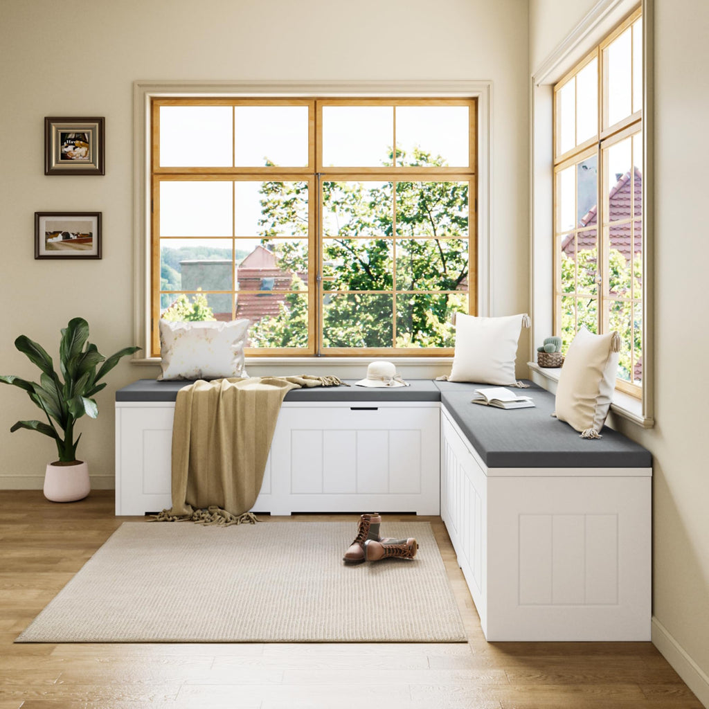 L Shape Corner Bench with Storage, Breakfast Nook Bench, Flip-Top Shoe Storage Benches with Cushion, White & Grey