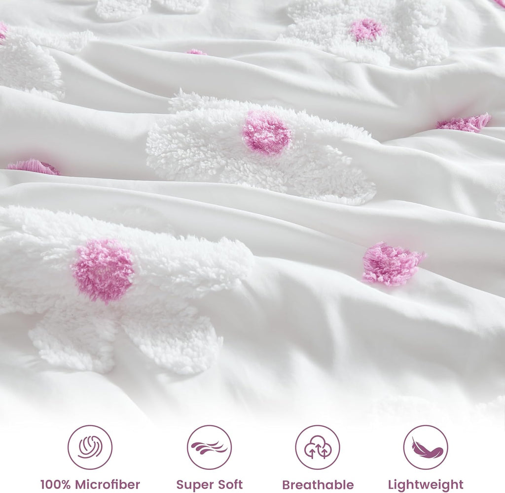 Full Comforter Set for Girls 3 Pieces Soft Pink Tufted Daisies Flowers Bedding Set Bed in A Bag Cute Floral Comforter