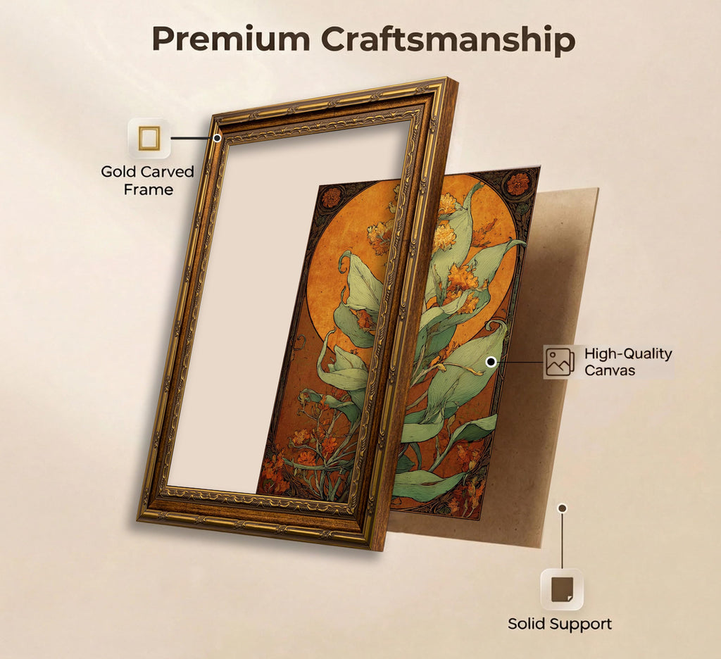 Vintage Gold Framed, Art Nouveau Botanical Floral Canvas Wall Art